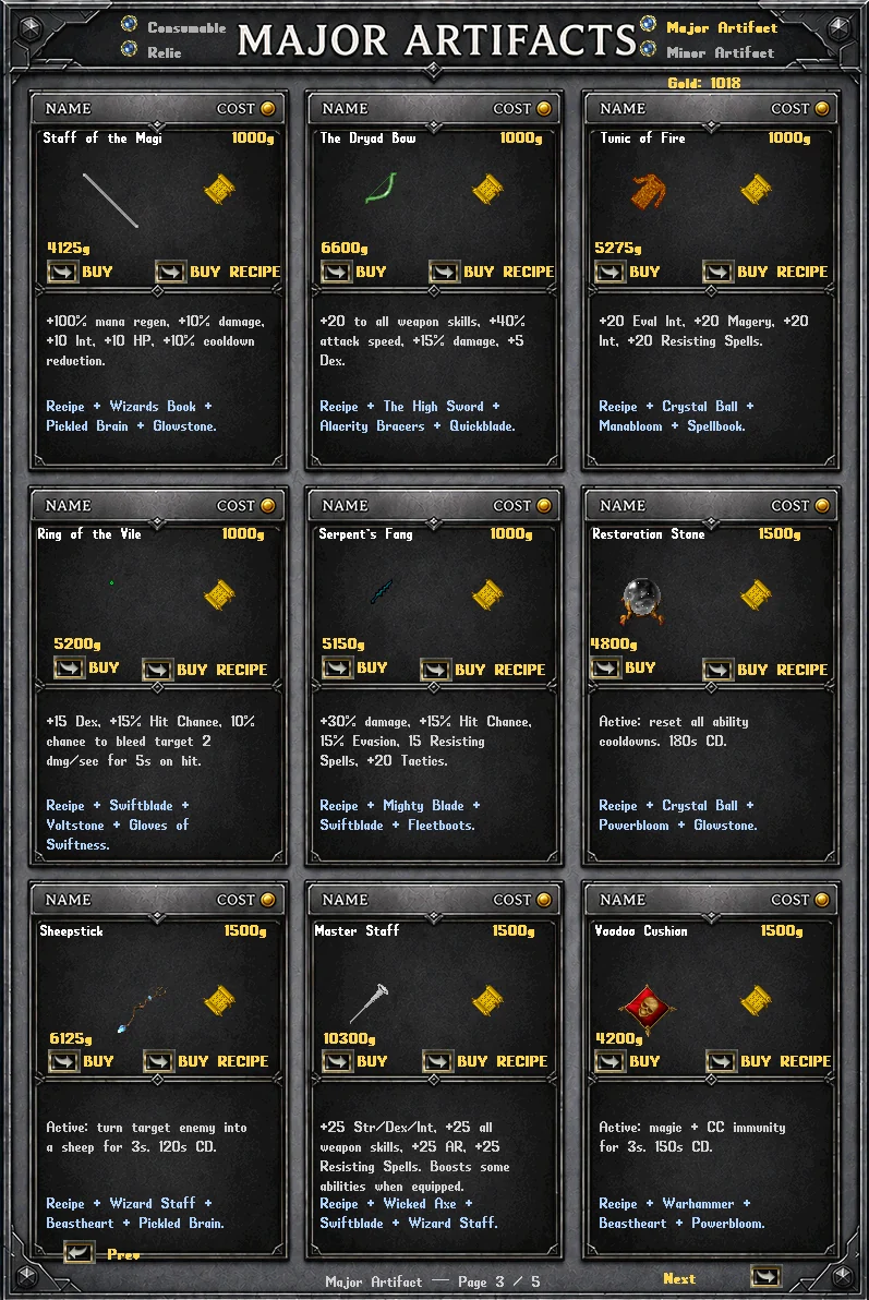 Major artifacts shop page three