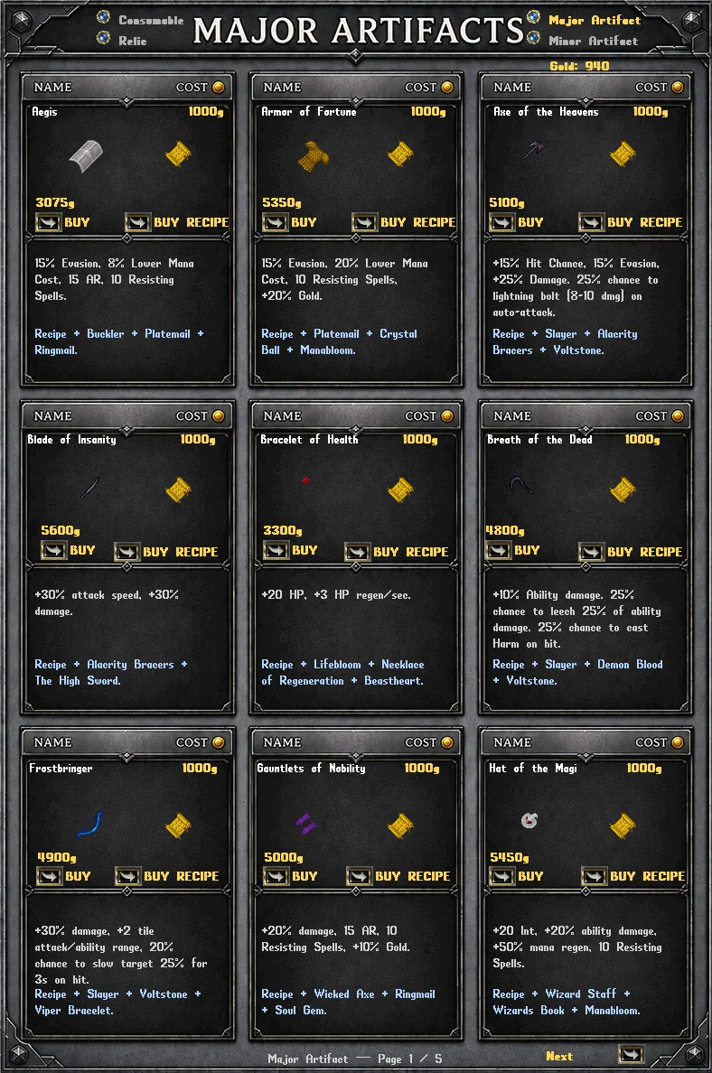 Major artifacts shop