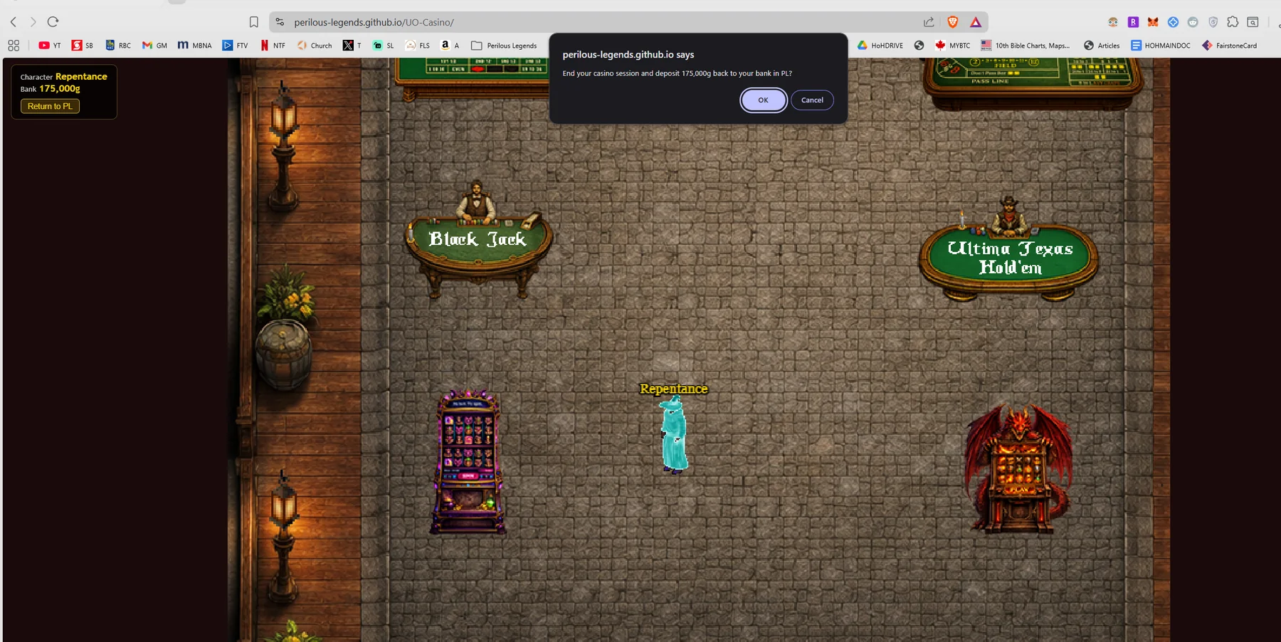 Casino browser view with in-game character